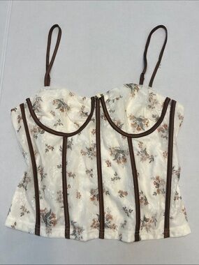 PRETTY GARBAGE CREAM BROWN FLORAL BUSTIER CORSET TOP SIZE XL